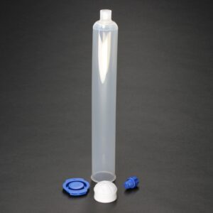 AccuDose 12oz (360cc) black cartridge kit with piston, tip cap, and end cap